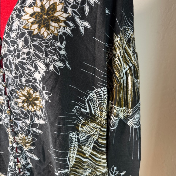 Free People Boho Floral Print Button Front Blouse Black White Gold Size M - Picture 3 of 9